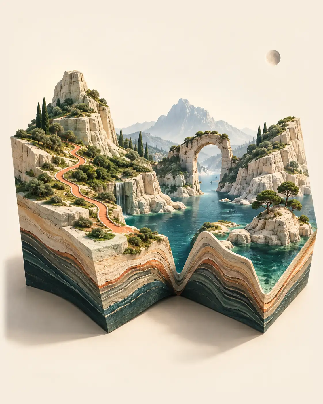 An imagined landscape folded into the shape of a W, with cliffs, a stone arch and blue water.